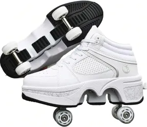 2 in 1 Roller Shoes PU Leather Outdoor Deformation Roller Skates for Men Women, Retractable Automatic Walking Sneakers with Wheels Comfortable High-Top Casual