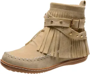 AMDBEL Women Casual Ankle Boots Flat Fringe Booties Round Toe Vintage Suede Tassel Lace Up Dress Walking Shoes Zipper Fall Outdoor Fashion Low Top Short Boots, Ankle Boots For Women Comfy Flat