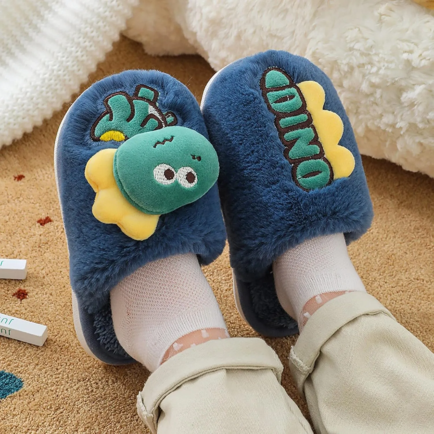 Big Kid Shoe Dinosaur Slippers For Girls Boys Memory Foam Comfy House Slippers Kids Winter Warm Cork Sandals for Girls