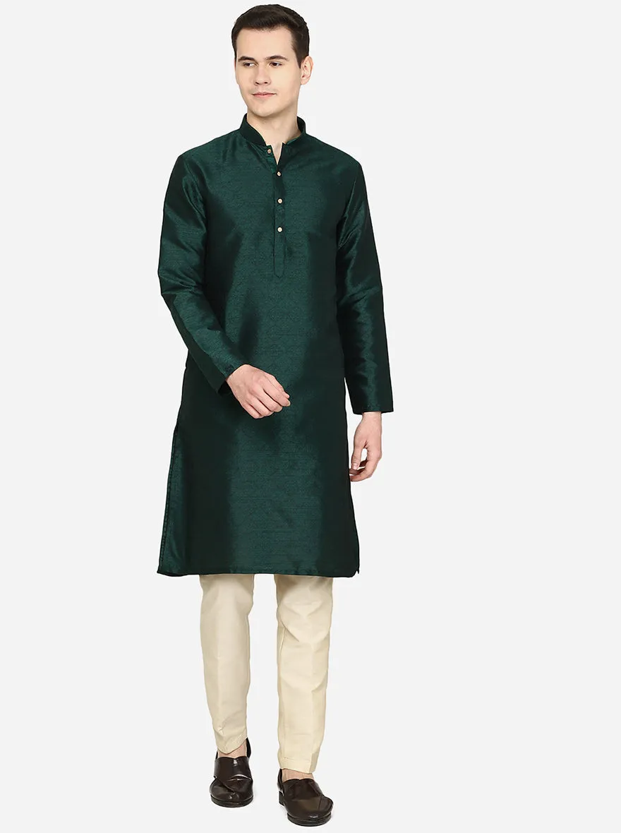 Bottle Green Printed Silk Blend Kurta for Men