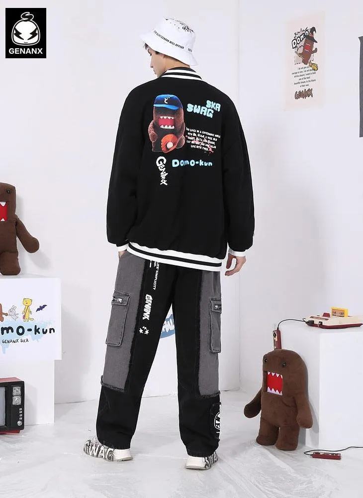 Cartoon Print Black And White Couple Baseball Jacket