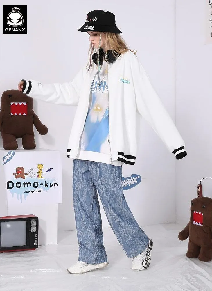 Cartoon Print Black And White Couple Baseball Jacket