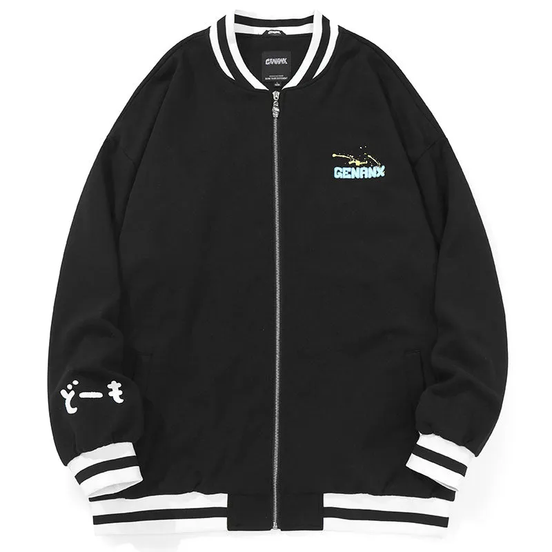 Cartoon Print Black And White Couple Baseball Jacket