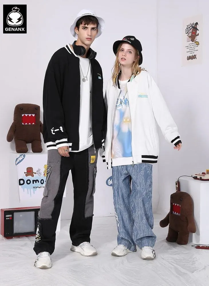 Cartoon Print Black And White Couple Baseball Jacket