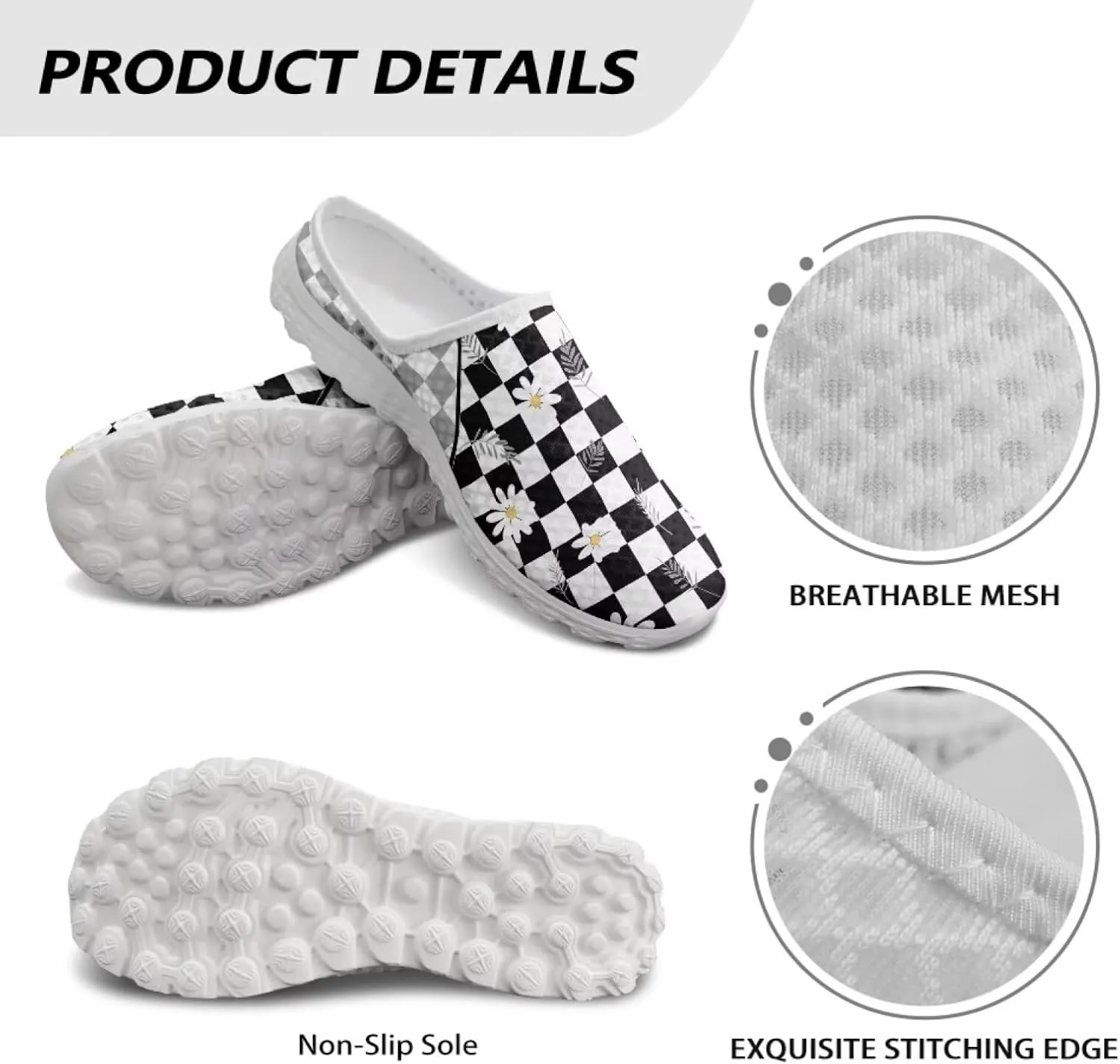 Checkerboard Womens Slip On Clogs Mules Slip-On Walking Yoga Shoes Breathable Mesh Slippers Garden Loafers