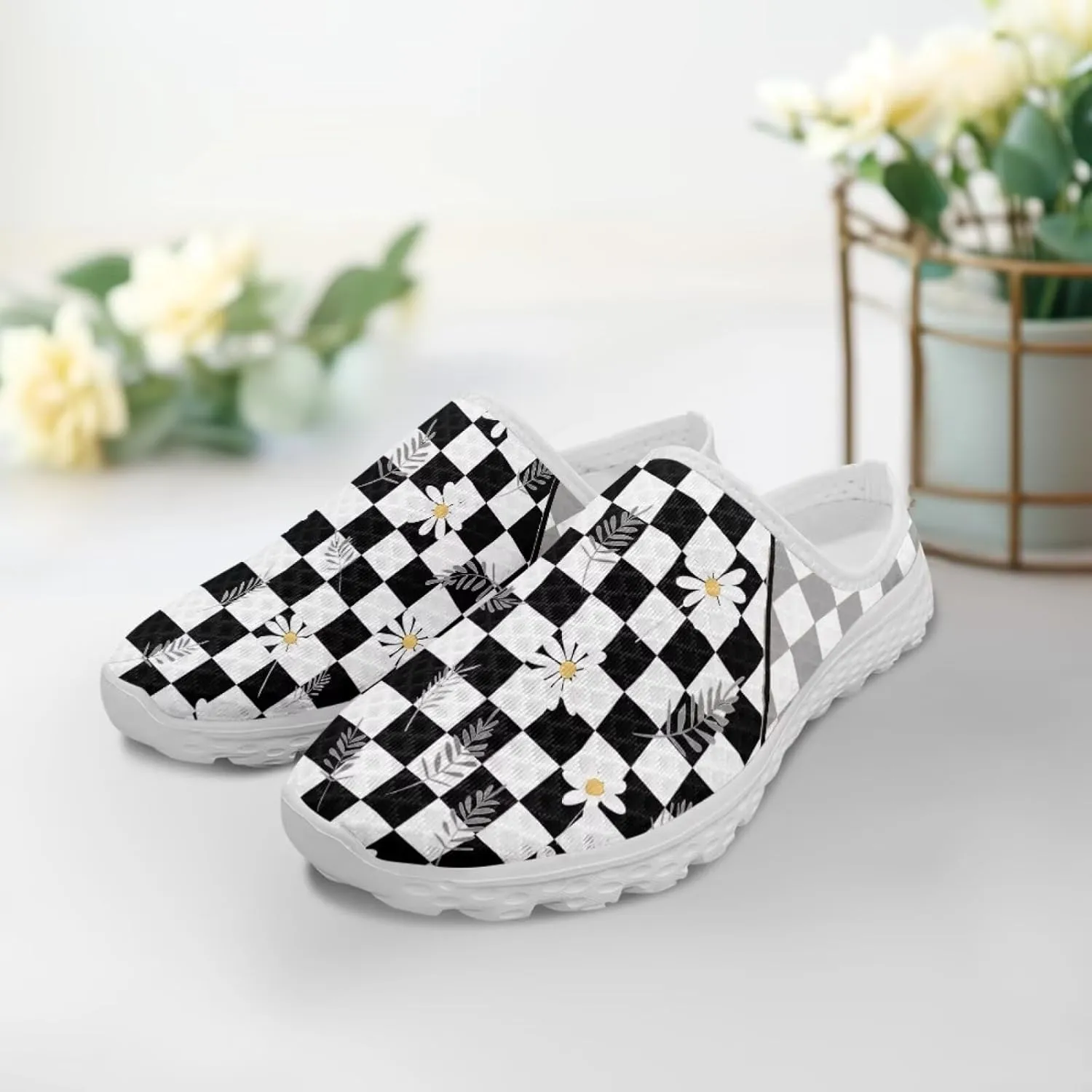 Checkerboard Womens Slip On Clogs Mules Slip-On Walking Yoga Shoes Breathable Mesh Slippers Garden Loafers