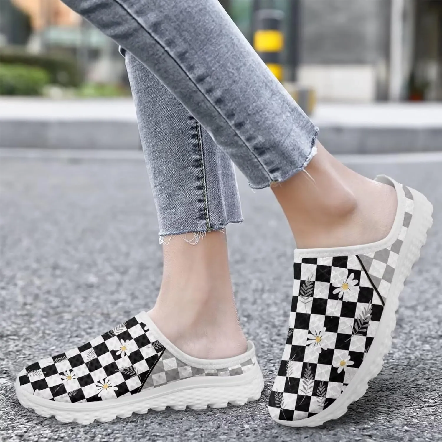 Checkerboard Womens Slip On Clogs Mules Slip-On Walking Yoga Shoes Breathable Mesh Slippers Garden Loafers