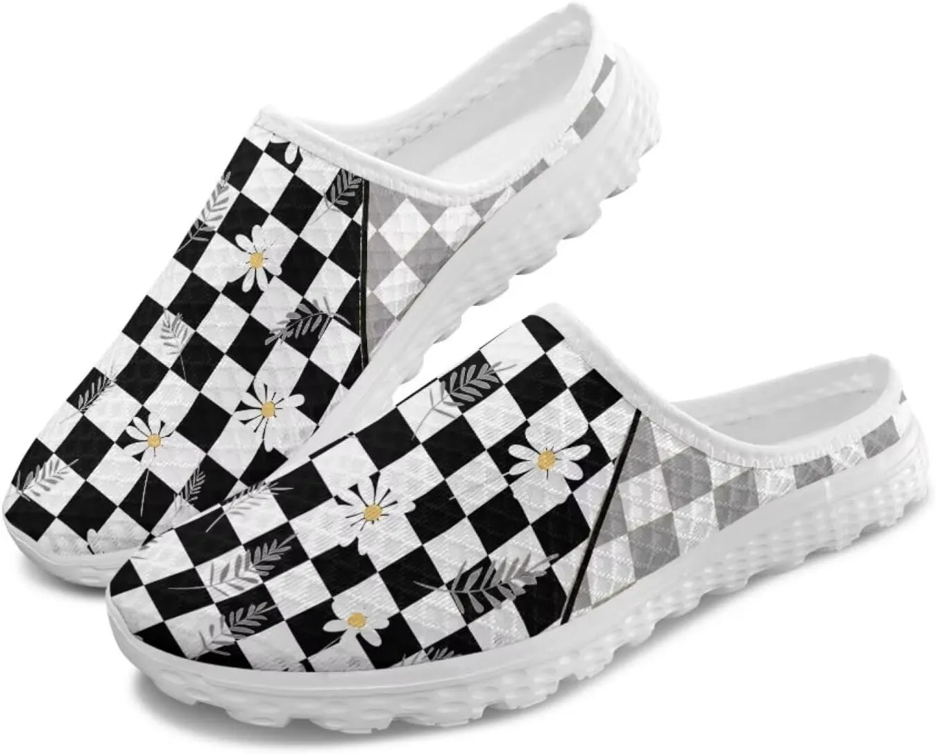 Checkerboard Womens Slip On Clogs Mules Slip-On Walking Yoga Shoes Breathable Mesh Slippers Garden Loafers