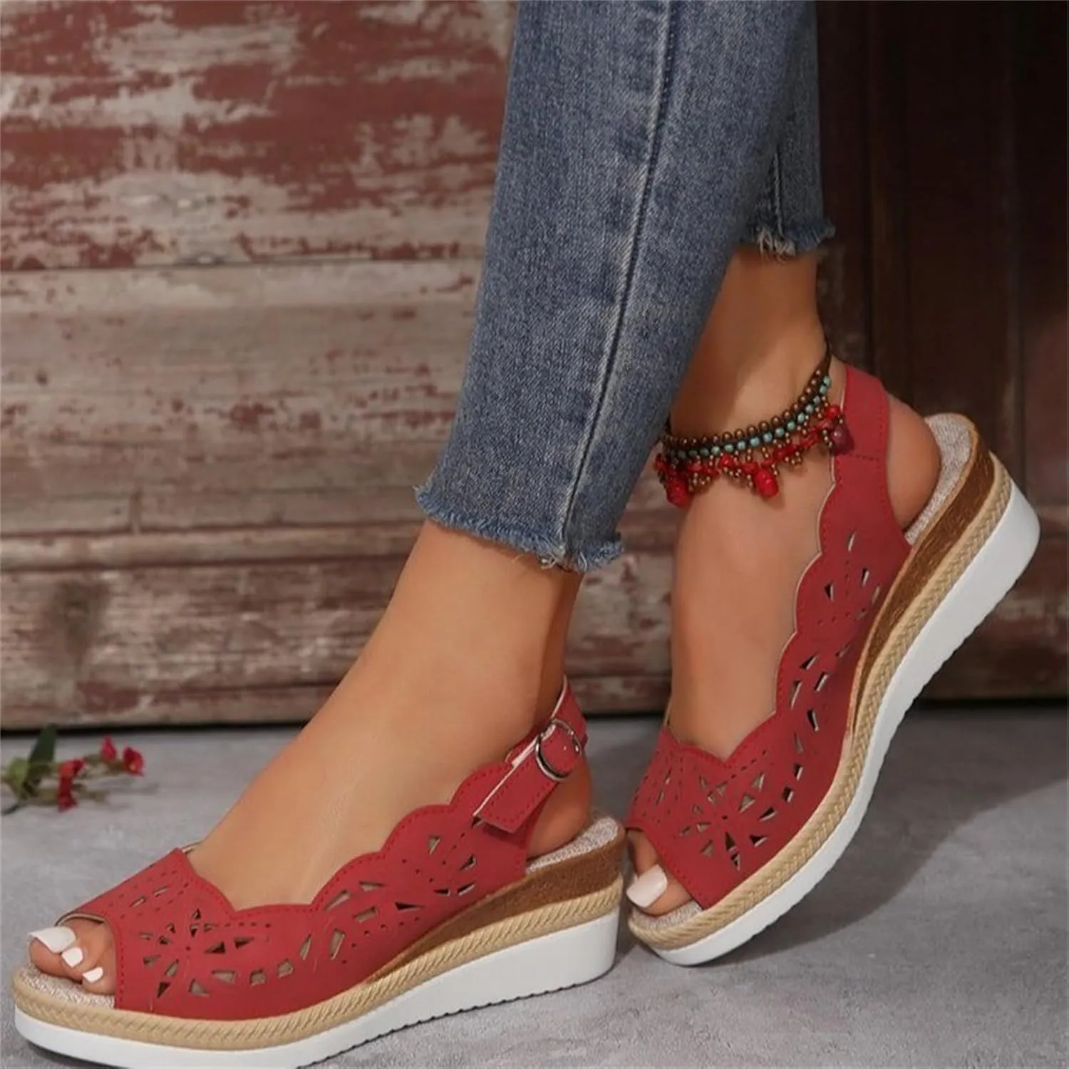 Comfort Peep Toe Wedge Sandals for Women Slingback Heel Cut-Out Vamp Wedges Sandal Summer Thick Bottom Belt Buckle Beach Vacation Travel Shoes