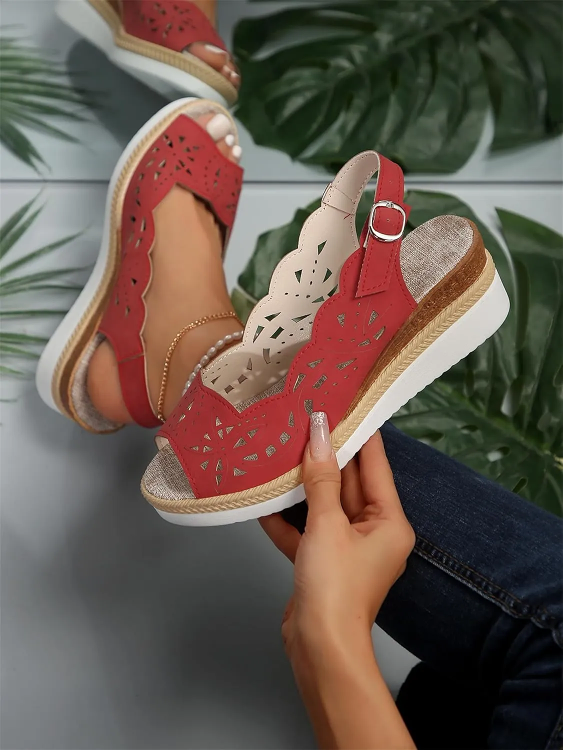 Comfort Peep Toe Wedge Sandals for Women Slingback Heel Cut-Out Vamp Wedges Sandal Summer Thick Bottom Belt Buckle Beach Vacation Travel Shoes
