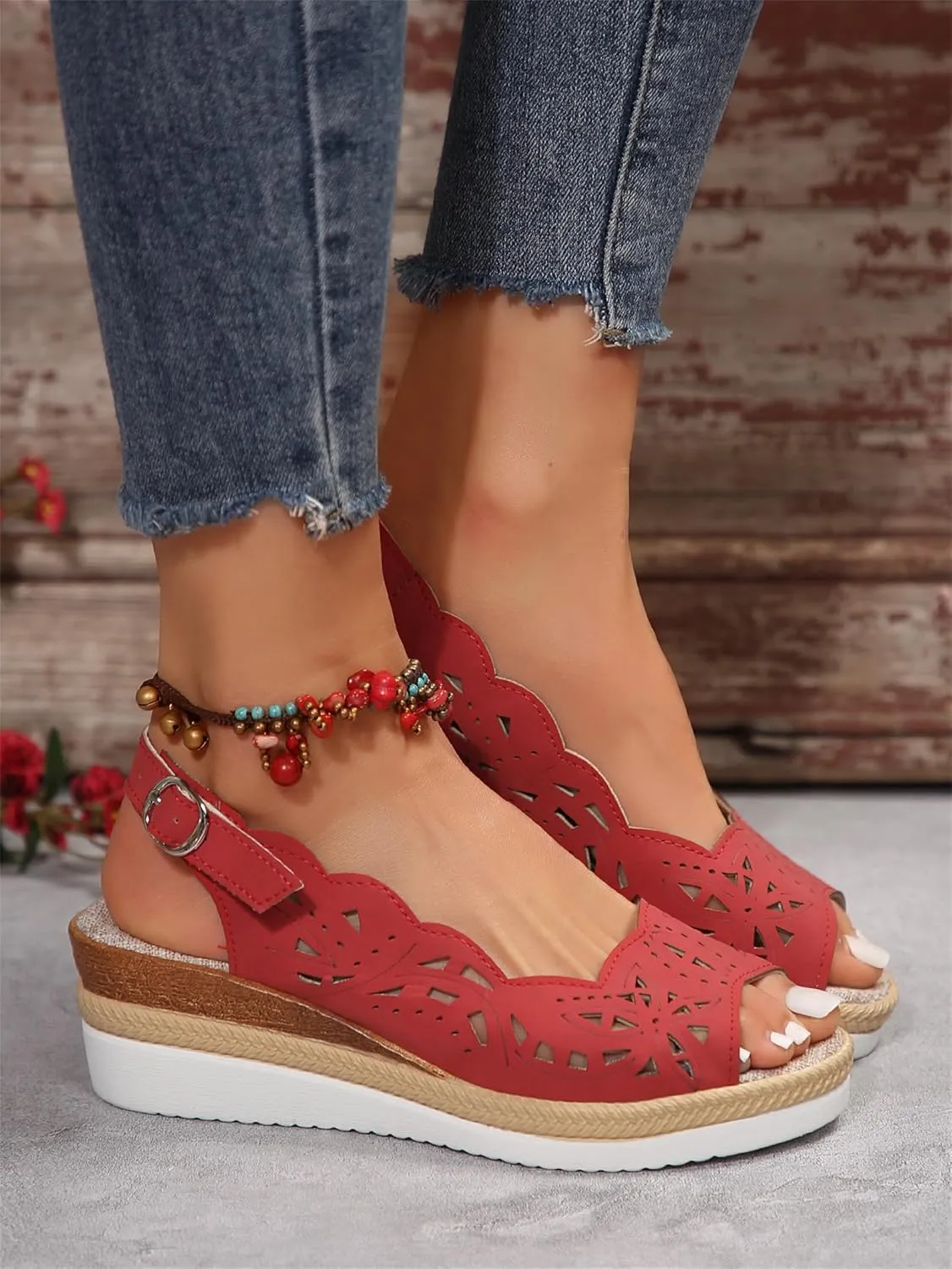 Comfort Peep Toe Wedge Sandals for Women Slingback Heel Cut-Out Vamp Wedges Sandal Summer Thick Bottom Belt Buckle Beach Vacation Travel Shoes