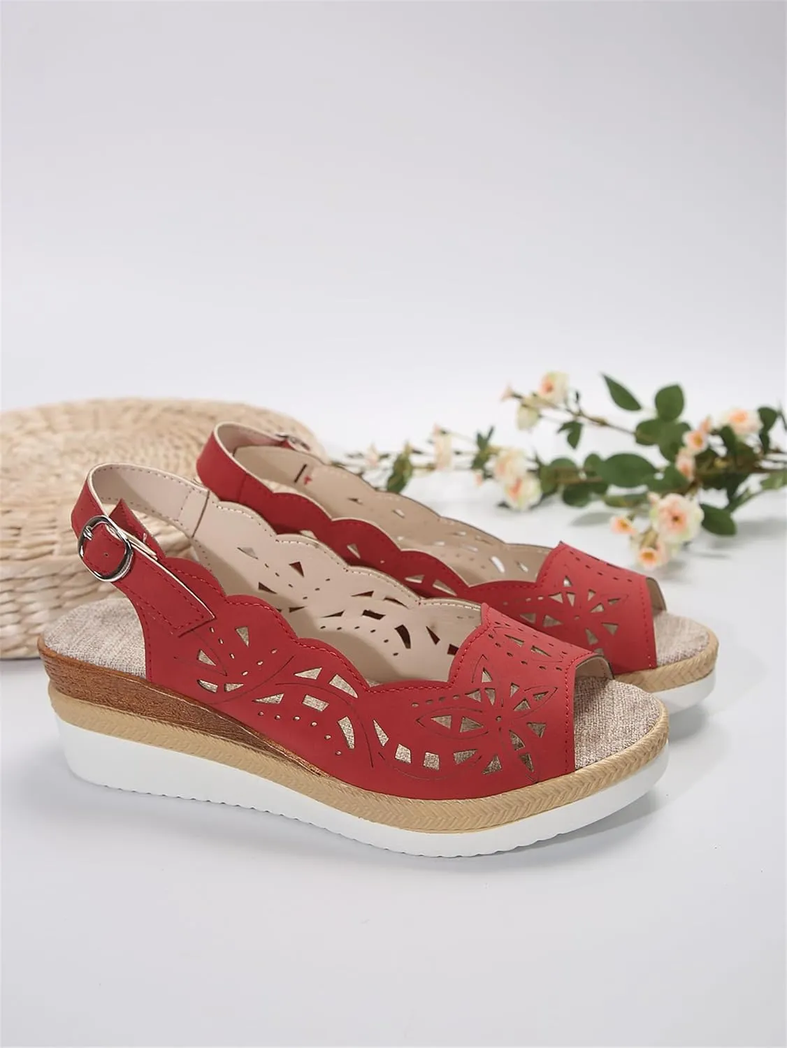 Comfort Peep Toe Wedge Sandals for Women Slingback Heel Cut-Out Vamp Wedges Sandal Summer Thick Bottom Belt Buckle Beach Vacation Travel Shoes