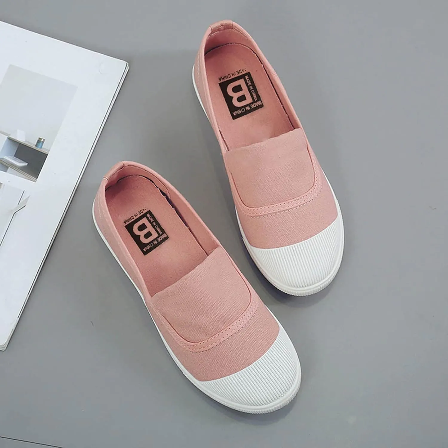 CsgrFagr Women Girls Round Toe Solid Casual Loafers Singles Canvas Shoes Girl Shoes Casual (Pink, 6)