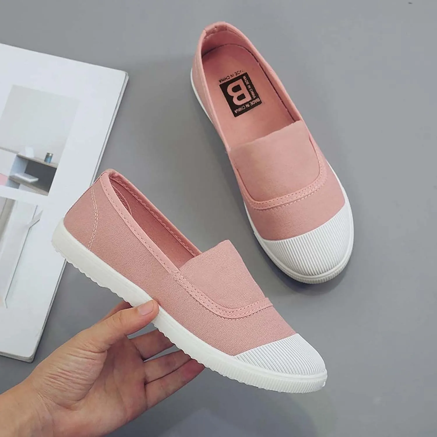 CsgrFagr Women Girls Round Toe Solid Casual Loafers Singles Canvas Shoes Girl Shoes Casual (Pink, 6)