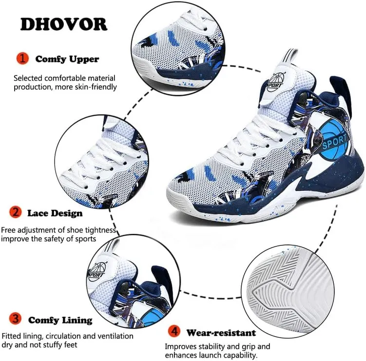DHOVOR Boys Girls Basketball Shoes Kids Non-Slip Fashion Sneakers Walking Shoes Comfort Sports Shoes for Little Kid/Big Kid