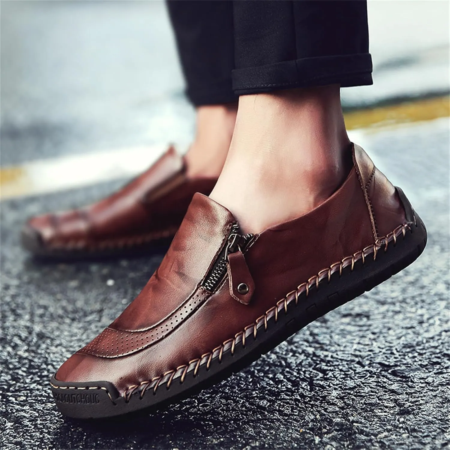 Dress Shoes for Men Lightweight Zipper Slip on Flat Driving Loafers Vintage Walking Slip-on Casual Wedding Oxfords
