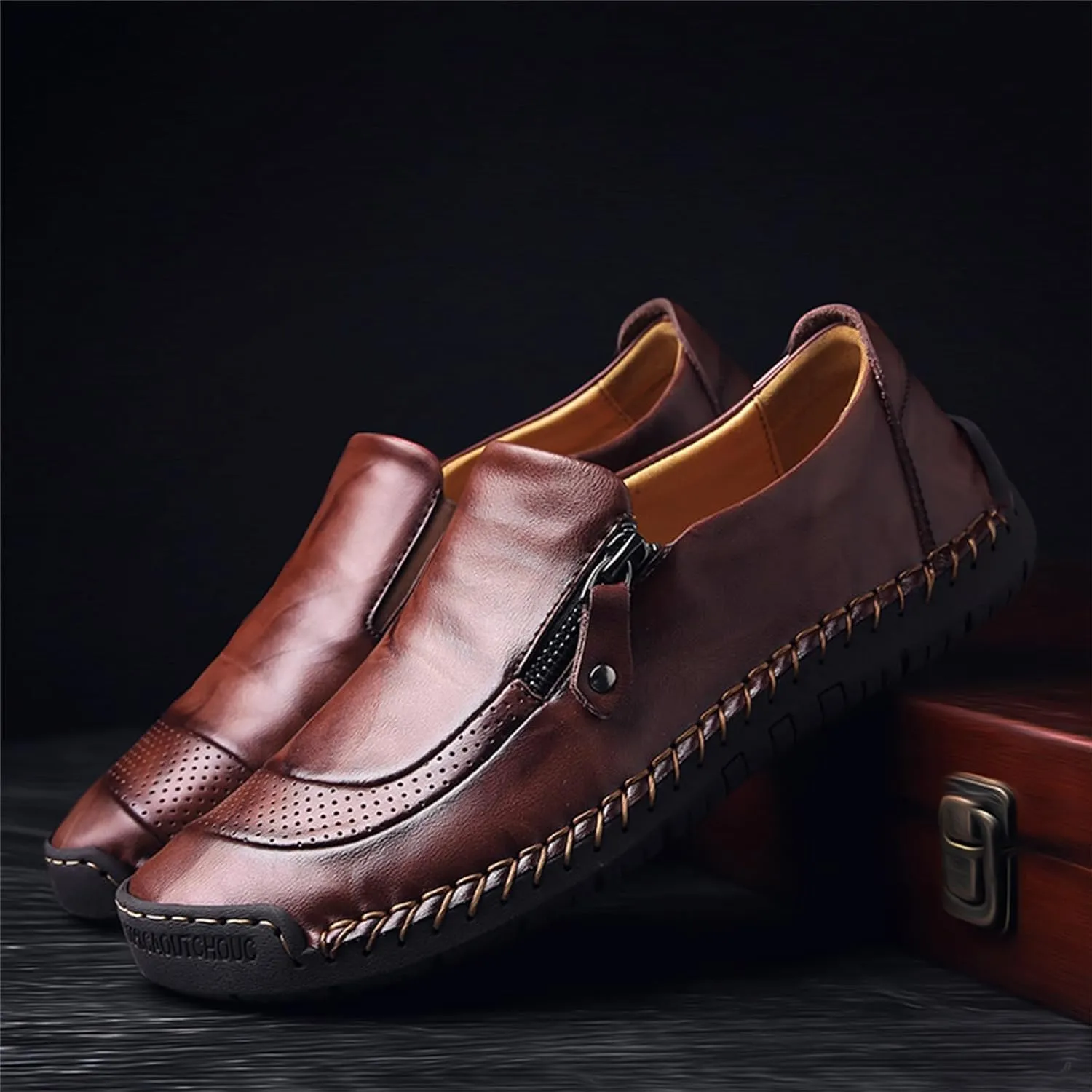 Dress Shoes for Men Lightweight Zipper Slip on Flat Driving Loafers Vintage Walking Slip-on Casual Wedding Oxfords