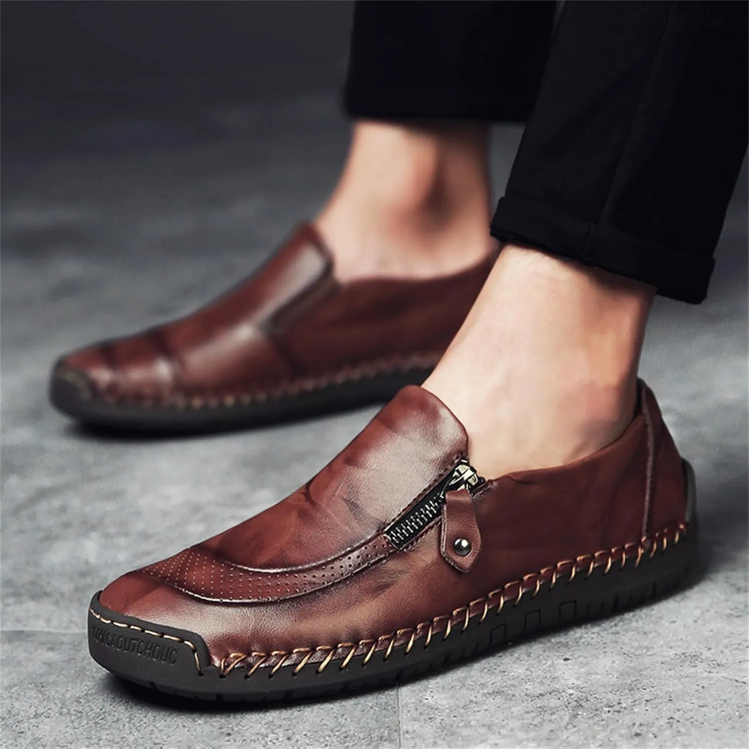 Dress Shoes for Men Lightweight Zipper Slip on Flat Driving Loafers Vintage Walking Slip-on Casual Wedding Oxfords