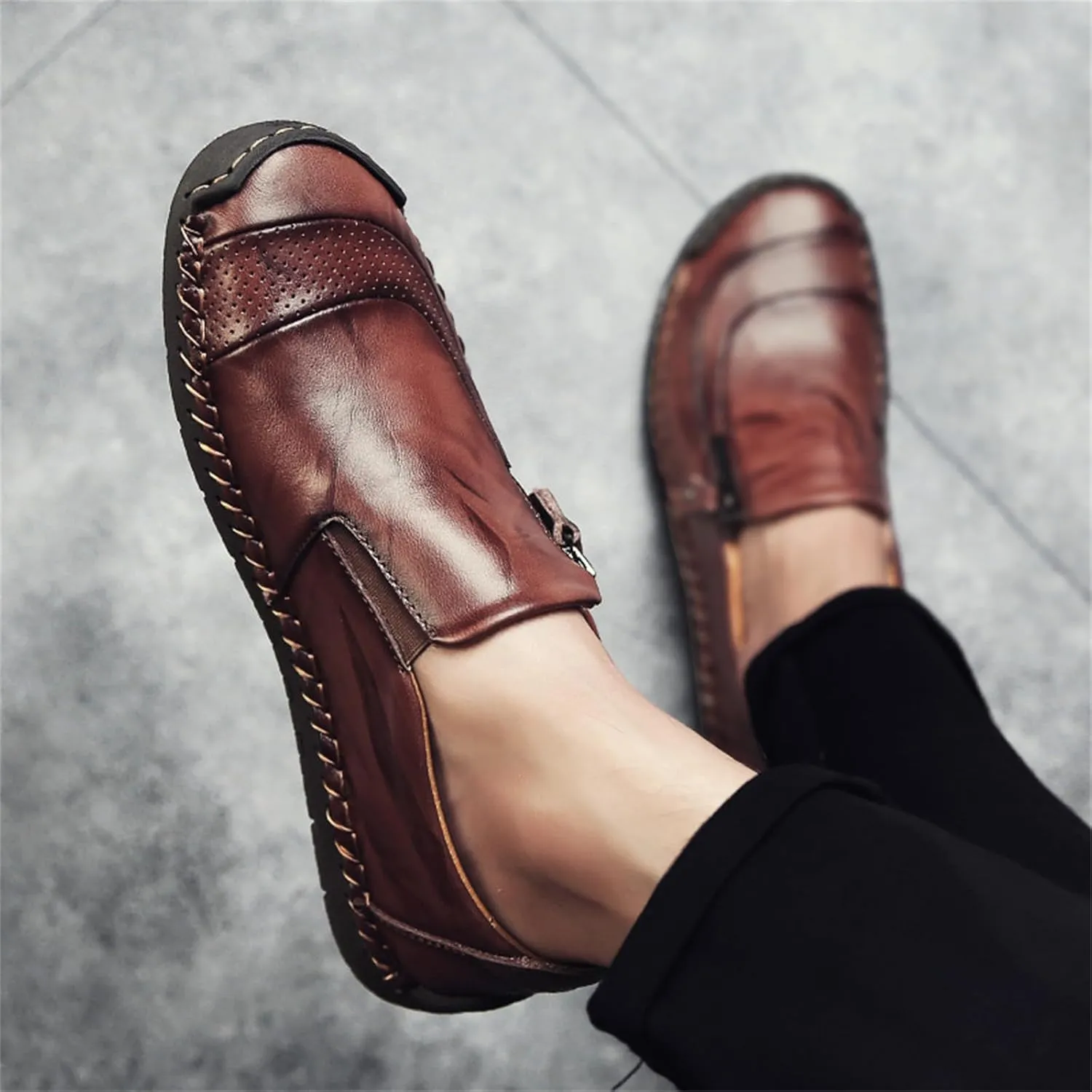 Dress Shoes for Men Lightweight Zipper Slip on Flat Driving Loafers Vintage Walking Slip-on Casual Wedding Oxfords