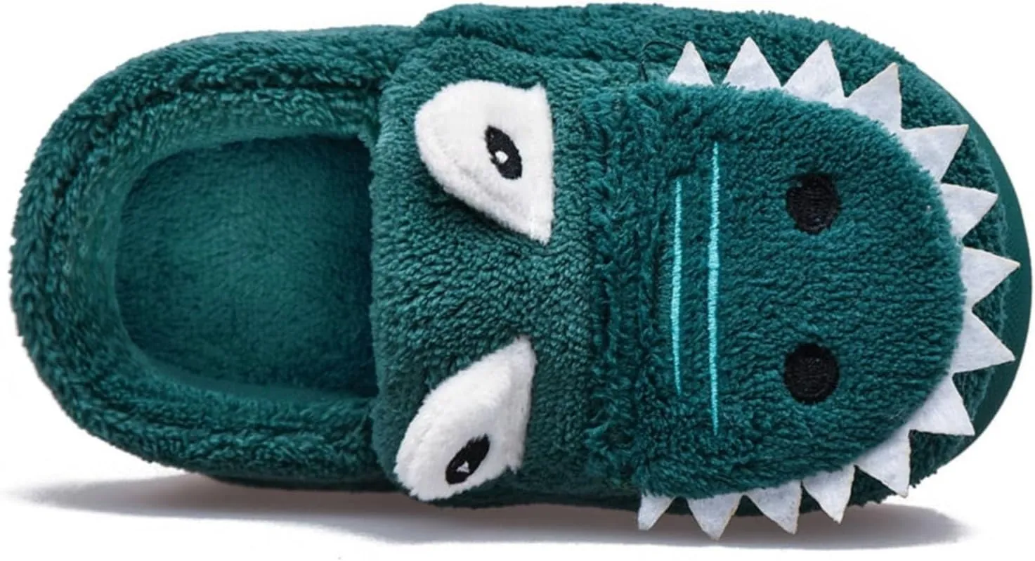 Kids Cartoon Dinosaur Slippers Boys Girls Plush Non-Slip House Slippers Fleece Warm Soft Slip-On Bedroom Shoes