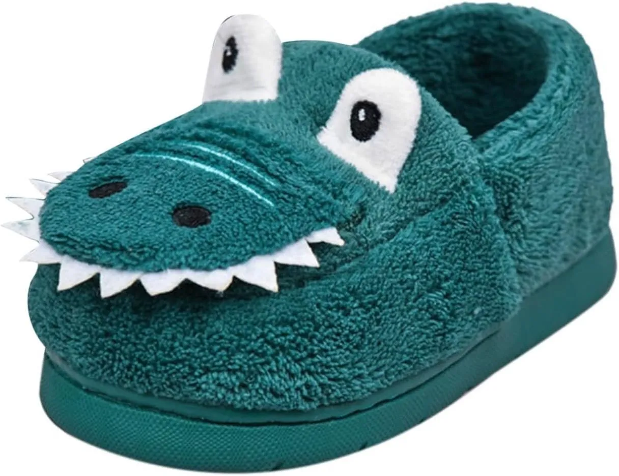 Kids Cartoon Dinosaur Slippers Boys Girls Plush Non-Slip House Slippers Fleece Warm Soft Slip-On Bedroom Shoes