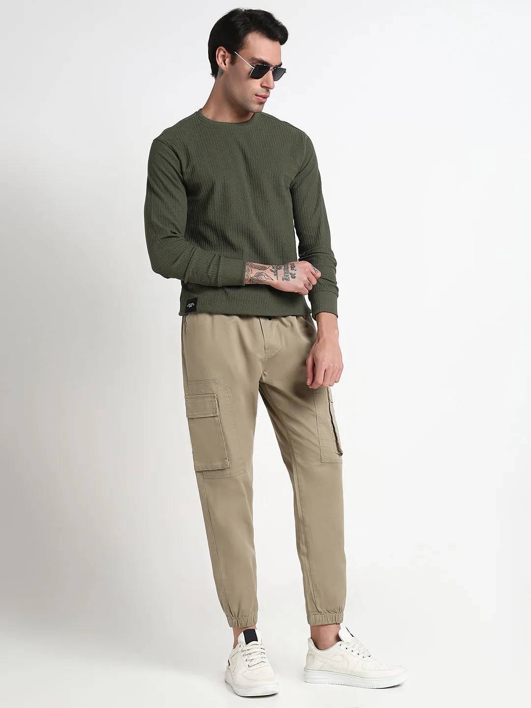Men Khaki Solid Cargo Joggers