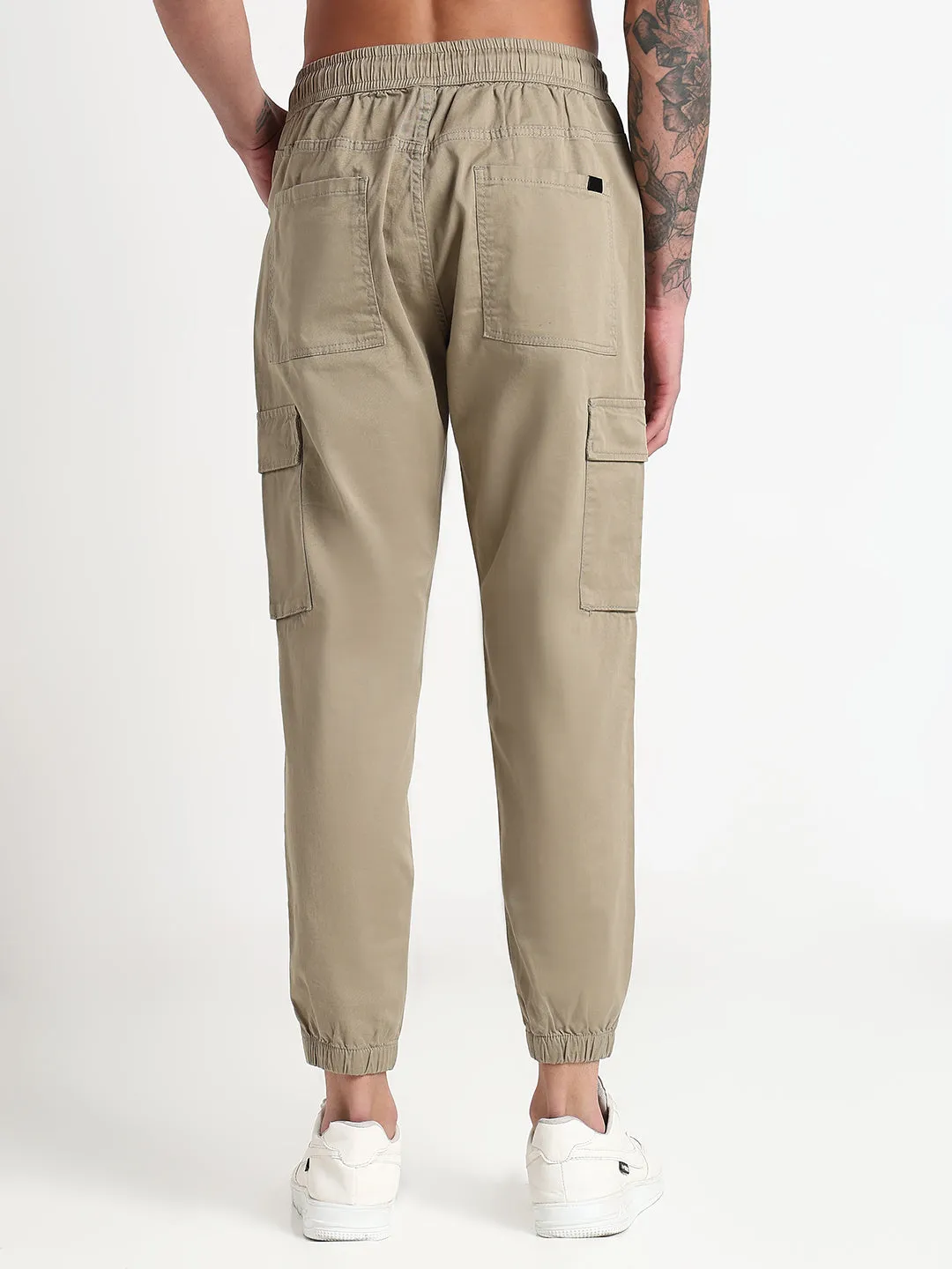Men Khaki Solid Cargo Joggers