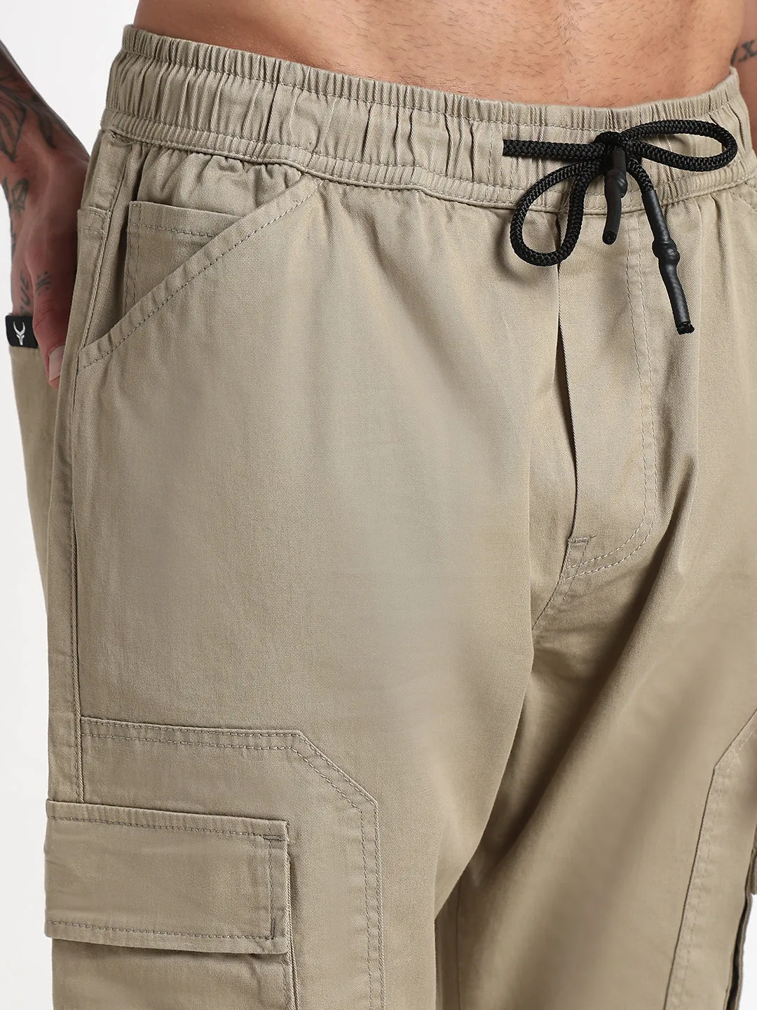 Men Khaki Solid Cargo Joggers