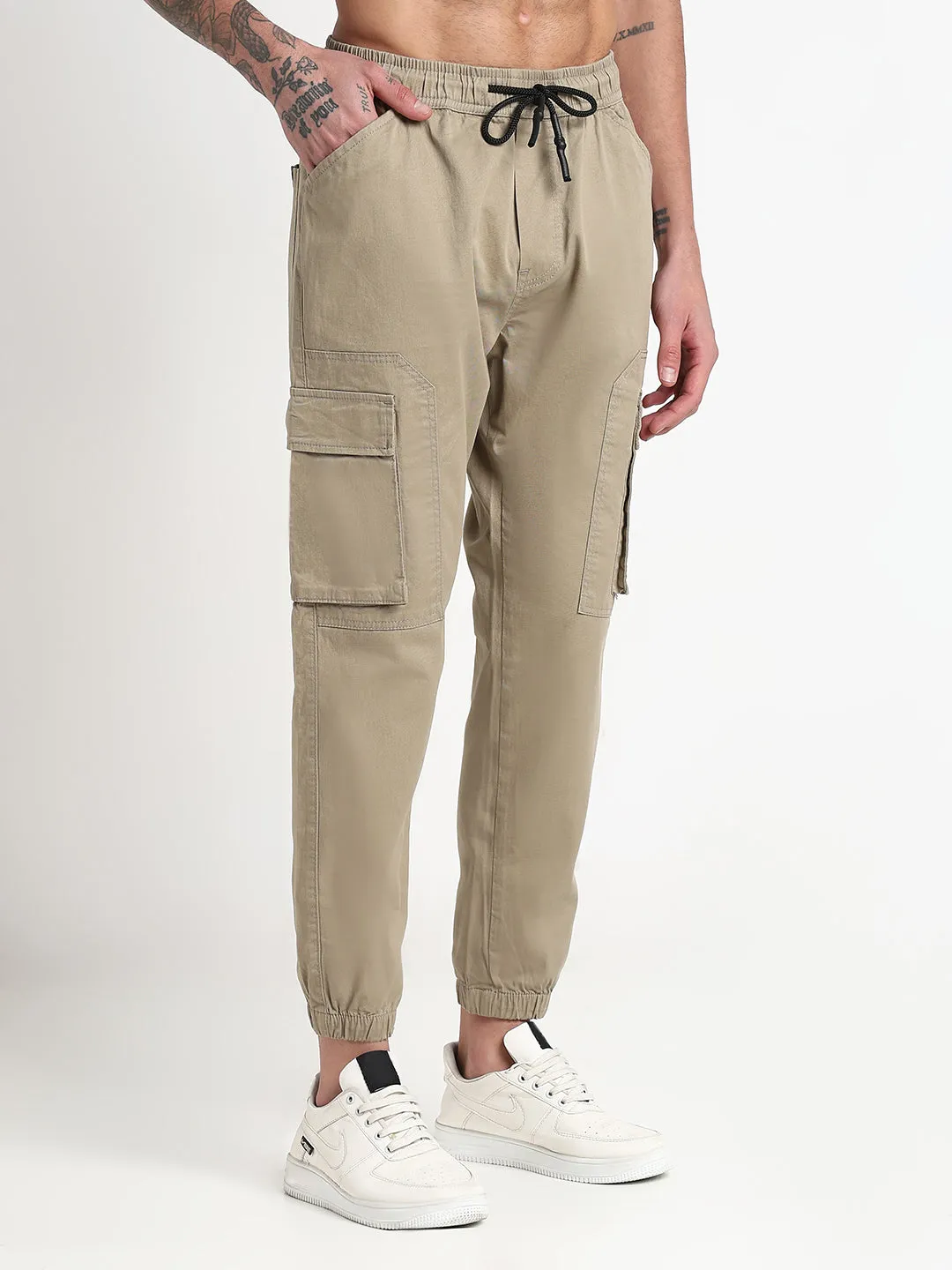 Men Khaki Solid Cargo Joggers