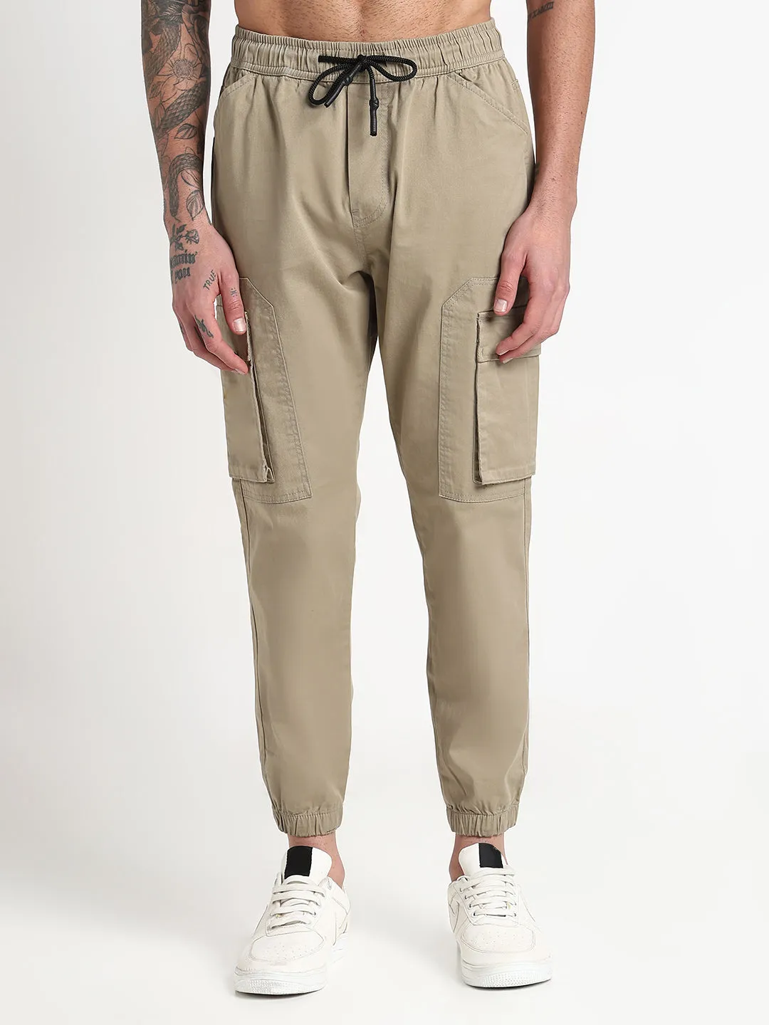 Men Khaki Solid Cargo Joggers