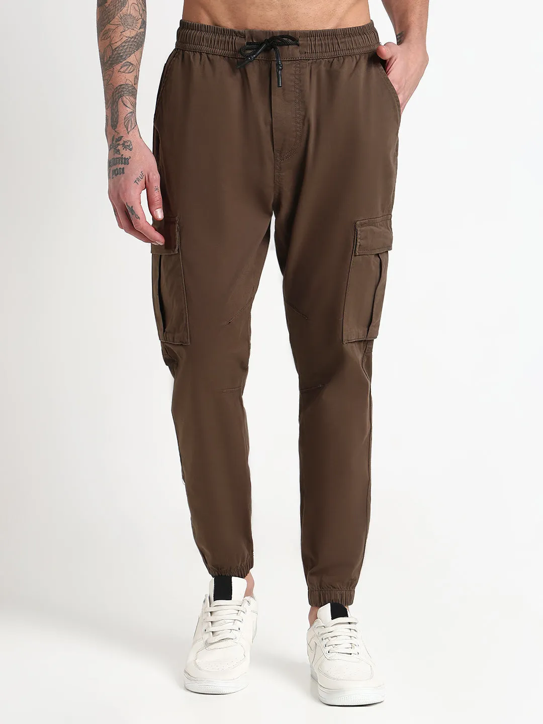 Men Olive Solid Casual Cargo Joggers
