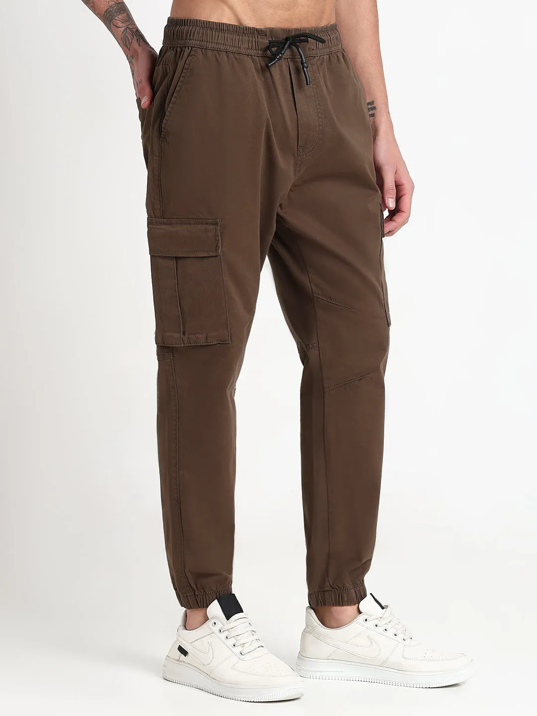 Men Olive Solid Casual Cargo Joggers