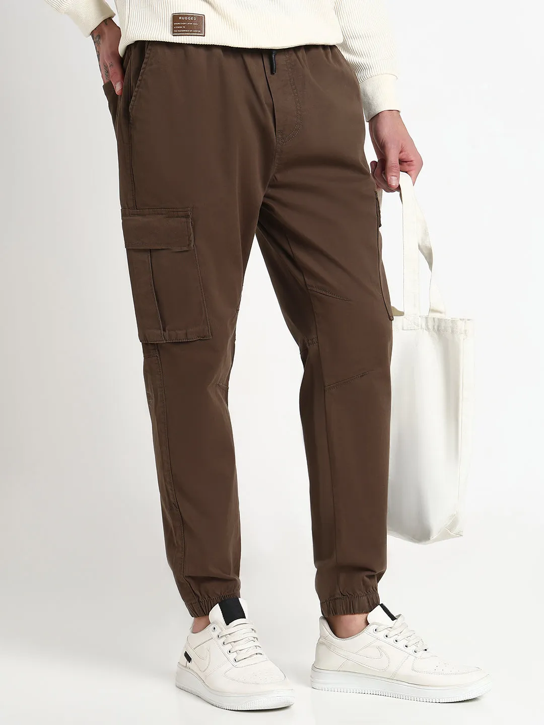 Men Olive Solid Casual Cargo Joggers