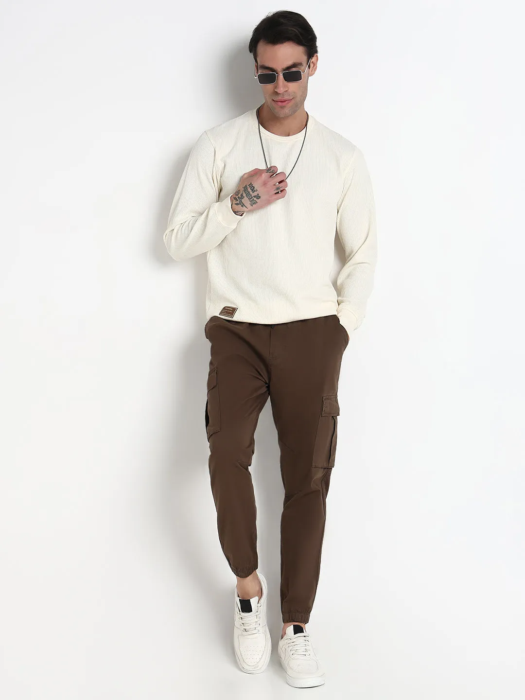 Men Olive Solid Casual Cargo Joggers