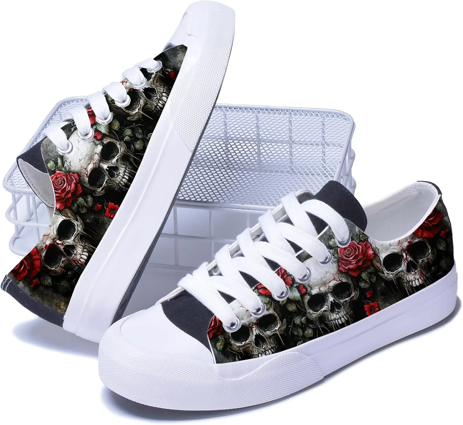 Men Skull Printed Shoes Custom Personalized Design Cool Print Low Top Fashion Sneakers for Teen Boys Girls Student Women Canvas Shoes Cosplay Classic Casual Shoes