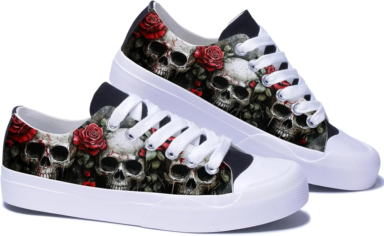 Men Skull Printed Shoes Custom Personalized Design Cool Print Low Top Fashion Sneakers for Teen Boys Girls Student Women Canvas Shoes Cosplay Classic Casual Shoes