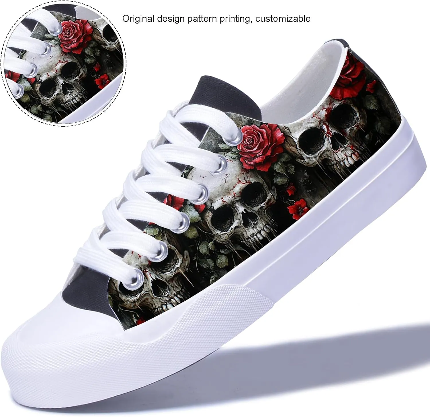 Men Skull Printed Shoes Custom Personalized Design Cool Print Low Top Fashion Sneakers for Teen Boys Girls Student Women Canvas Shoes Cosplay Classic Casual Shoes