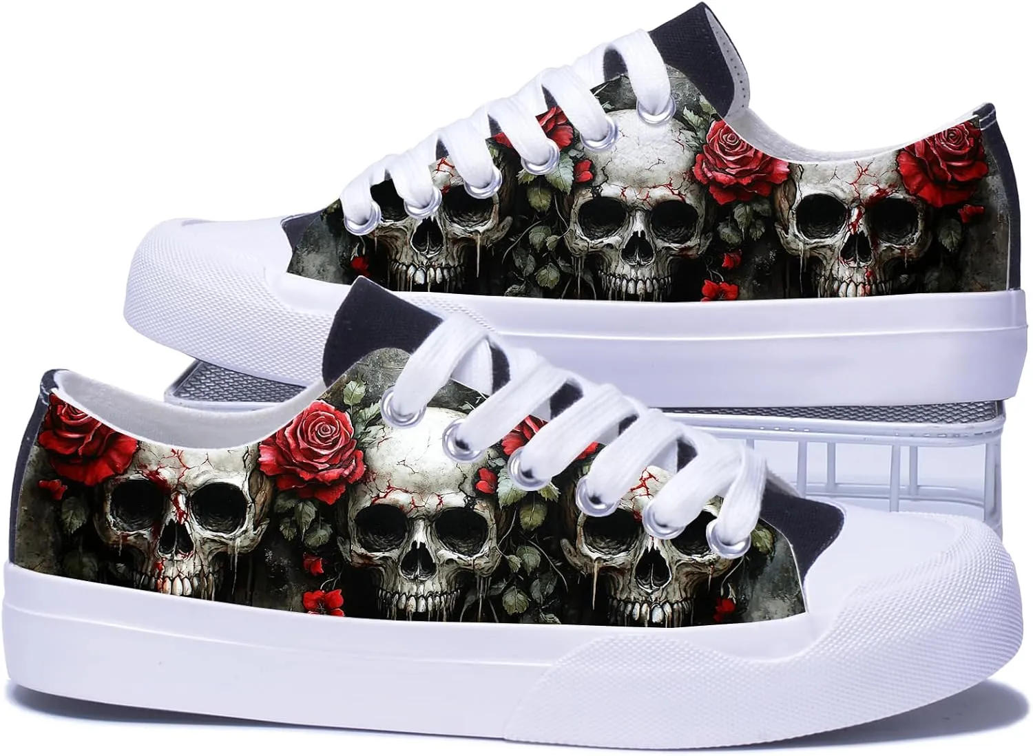 Men Skull Printed Shoes Custom Personalized Design Cool Print Low Top Fashion Sneakers for Teen Boys Girls Student Women Canvas Shoes Cosplay Classic Casual Shoes
