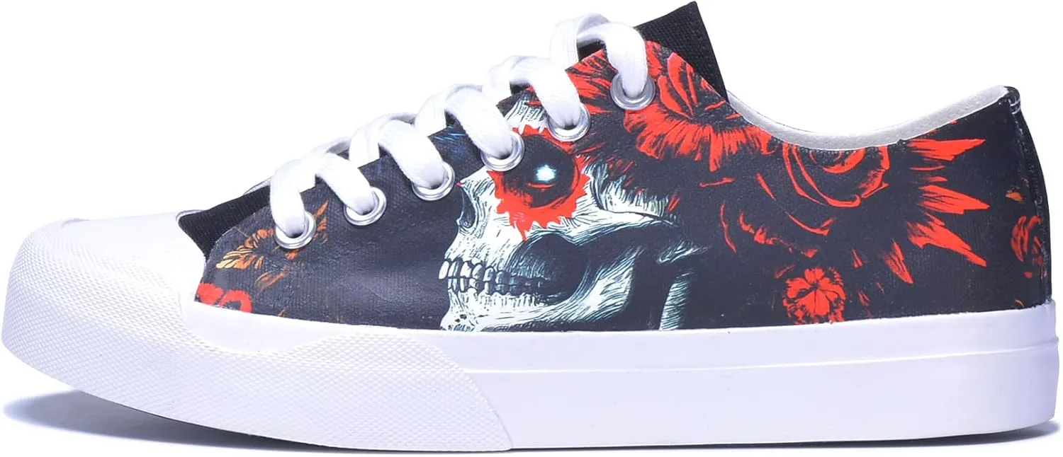Men Skull Printed Shoes Custom Personalized Design Cool Print Low Top Fashion Sneakers for Teen Boys Girls Student Women Canvas Shoes Cosplay Classic Casual Shoes