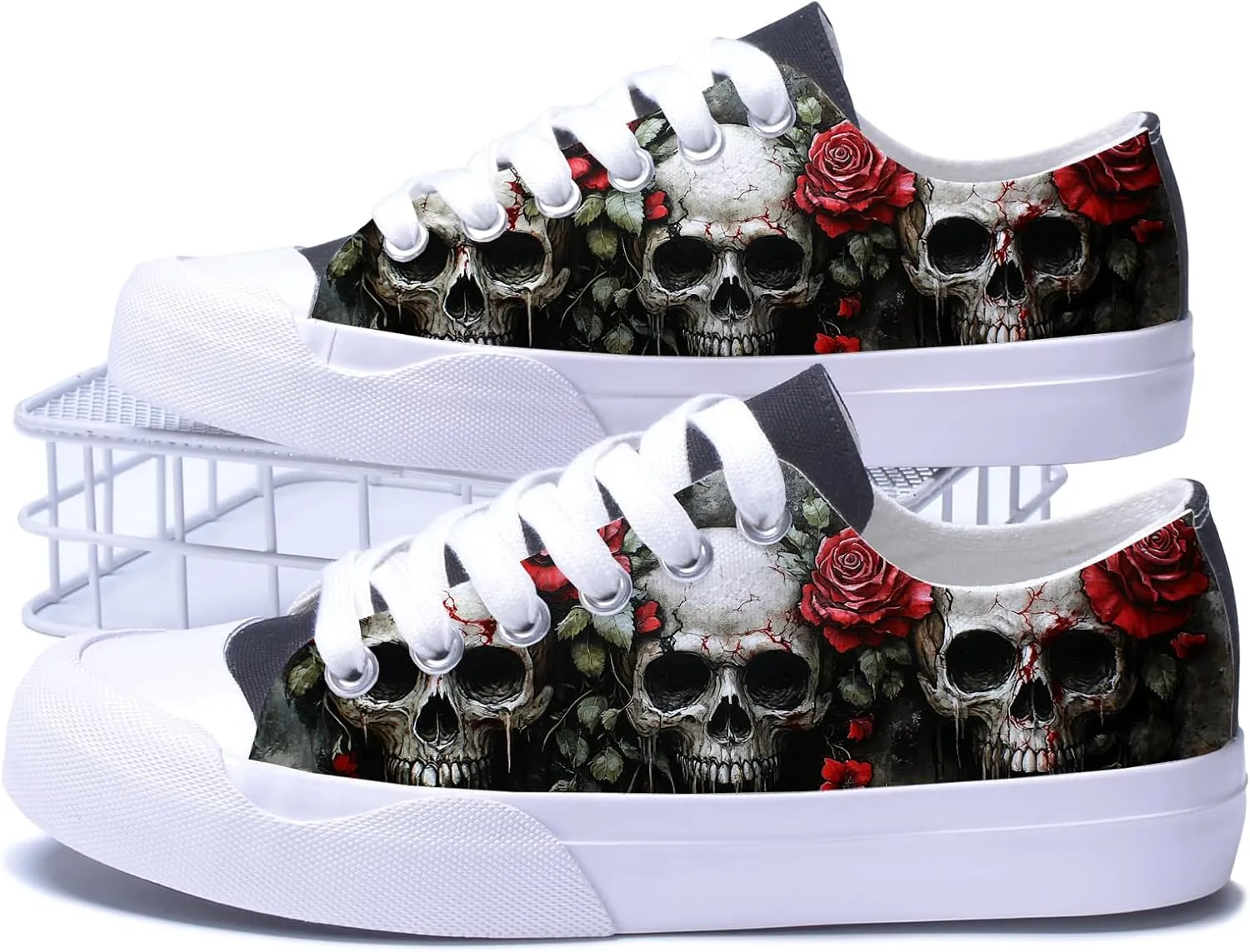 Men Skull Printed Shoes Custom Personalized Design Cool Print Low Top Fashion Sneakers for Teen Boys Girls Student Women Canvas Shoes Cosplay Classic Casual Shoes