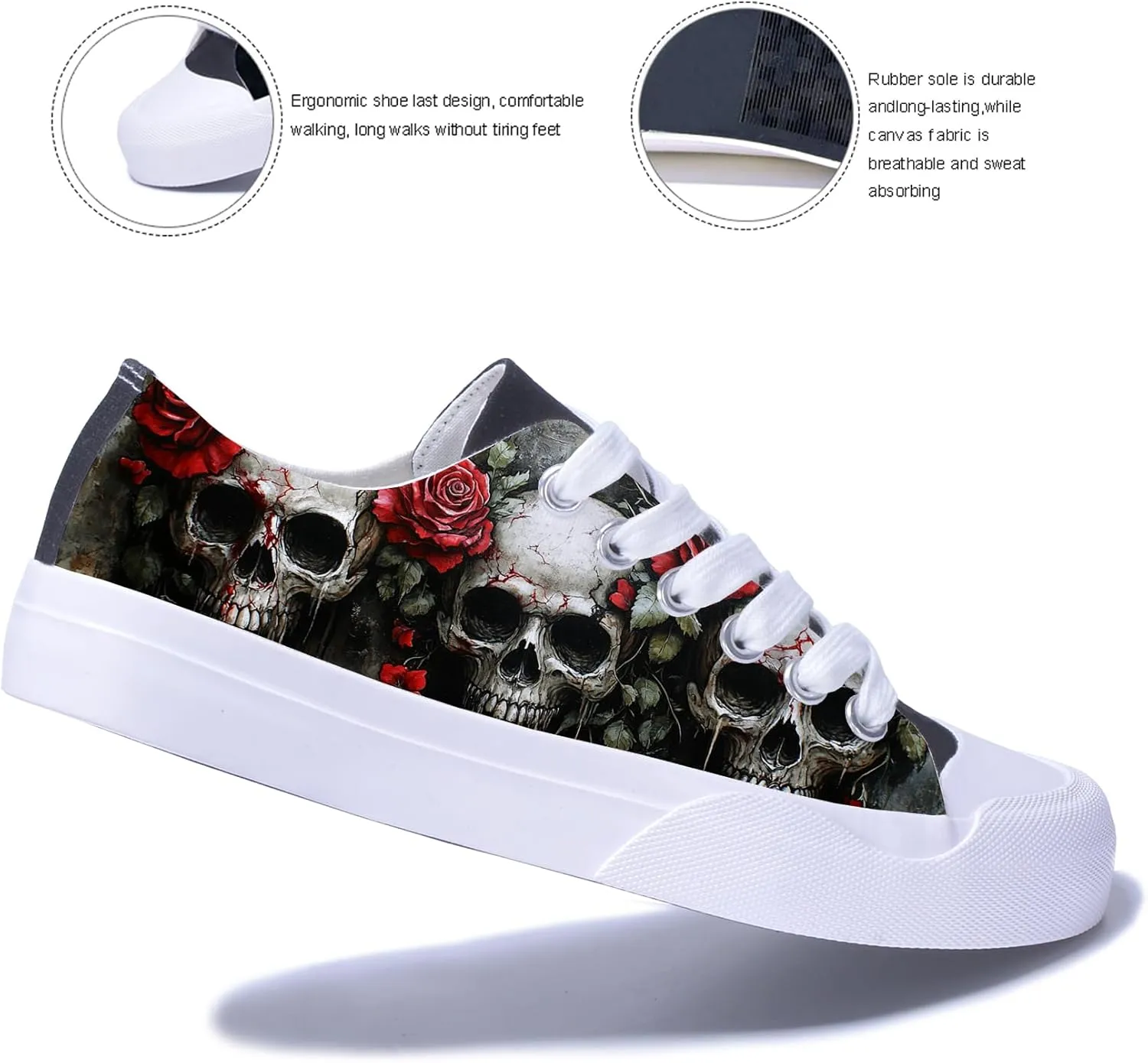 Men Skull Printed Shoes Custom Personalized Design Cool Print Low Top Fashion Sneakers for Teen Boys Girls Student Women Canvas Shoes Cosplay Classic Casual Shoes