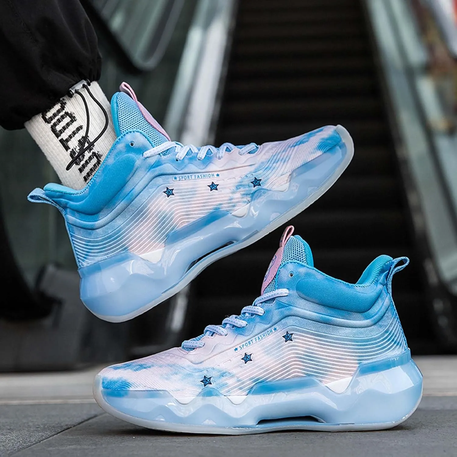 Mens and Womens Mid Top Lace Up Basketball Sneakers Comfortable and Breathable Running Shoes Anti Slip and Wear Resistant Walking Shoes Couple Park Walking Shoes Fitness Training Shoes