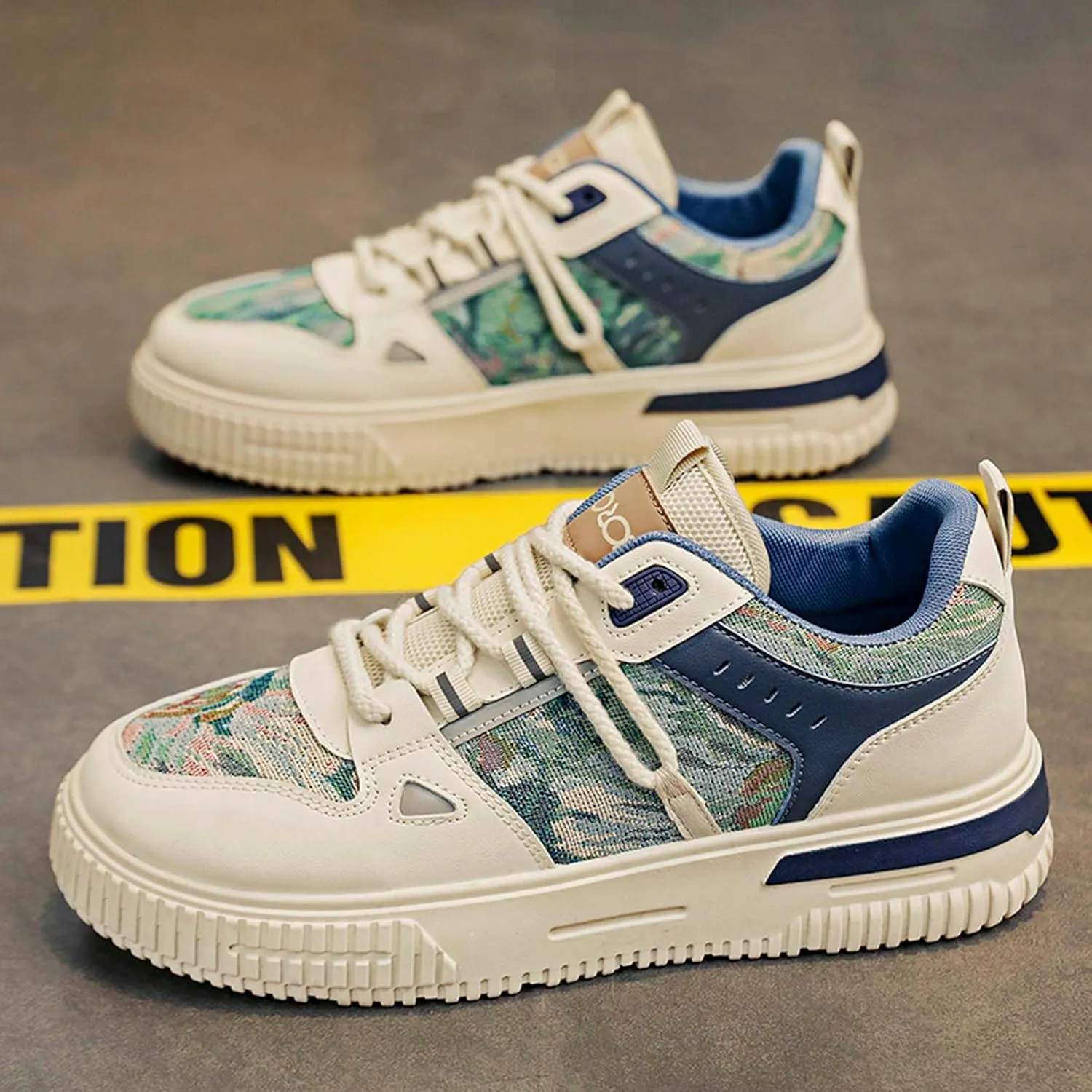 Mens and Womens Tie Up Low Top Skateboard Shoes Anti Slip and Wear Resistant Rubber Soles Casual Sneakers Patterned Short Distance Running Shoes Breathable Thick Soled Walking Shoes