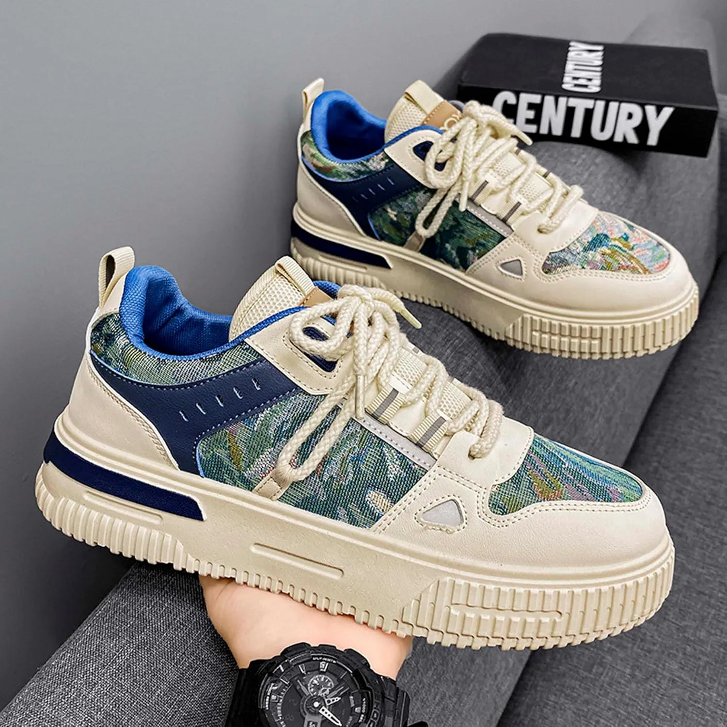 Mens and Womens Tie Up Low Top Skateboard Shoes Anti Slip and Wear Resistant Rubber Soles Casual Sneakers Patterned Short Distance Running Shoes Breathable Thick Soled Walking Shoes