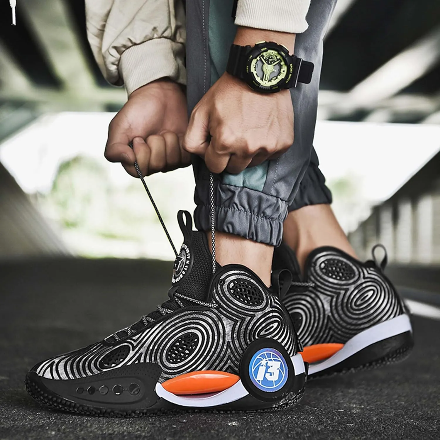 Mens Luminous Basketball Sneakers Classic Lace Up High Top Breathable Casual Sneakers High Elastic Running Shoes Wear Resistant and Durable Outdoor Hiking Shoes Anti Slip Baseball Sneakers