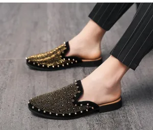 Men's Pointed-Toe Half Drag Shoes with Rhinestone Metal Detail