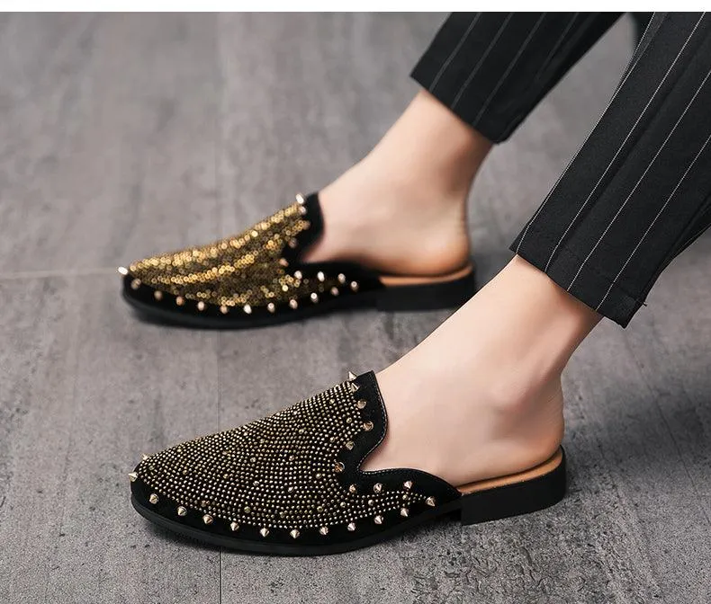 Men's Pointed-Toe Half Drag Shoes with Rhinestone Metal Detail
