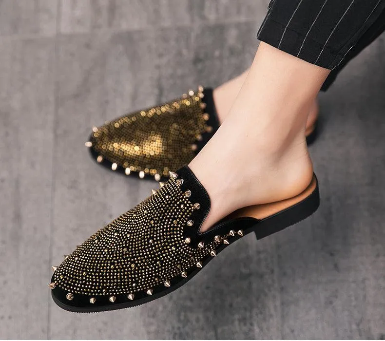 Men's Pointed-Toe Half Drag Shoes with Rhinestone Metal Detail