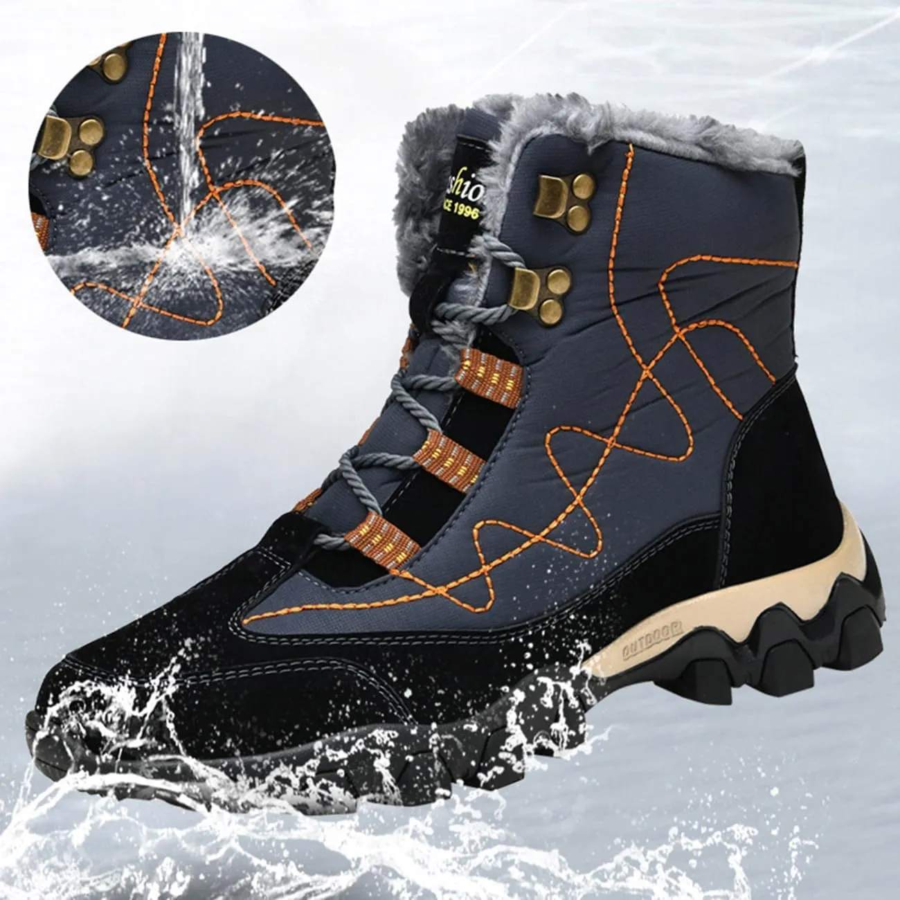 Men's Warm Fur Lined Snow Boots Winter Waterproof Hiking Boots Outdoor Non-slip High-top Shoes