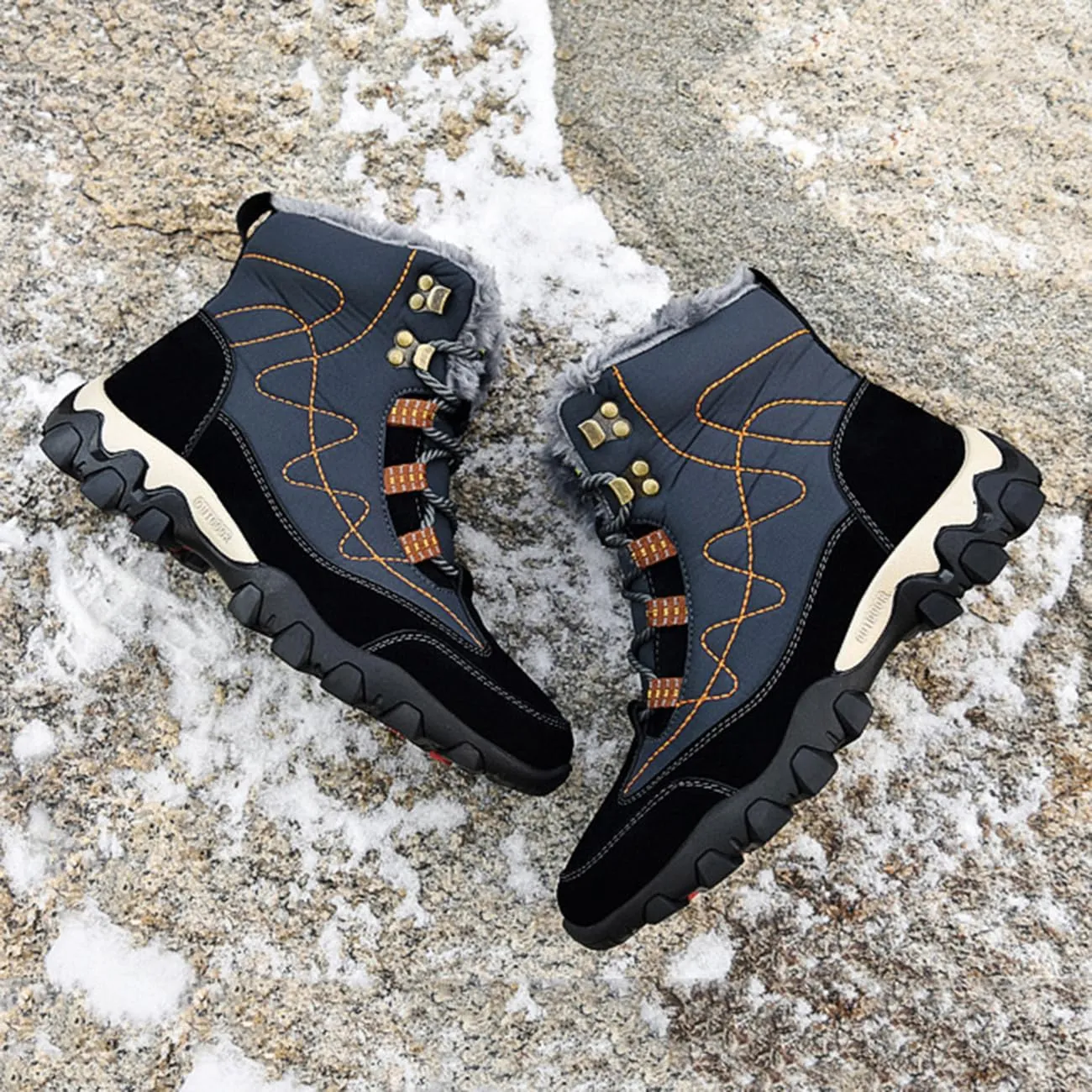 Men's Warm Fur Lined Snow Boots Winter Waterproof Hiking Boots Outdoor Non-slip High-top Shoes
